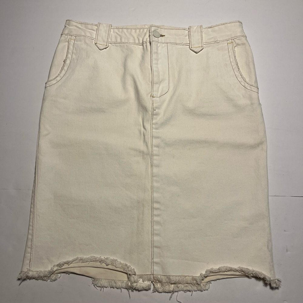 Vintage American Eagle Jeans Skirt 4 Cream Denim Knee Length Cutoff Fringe